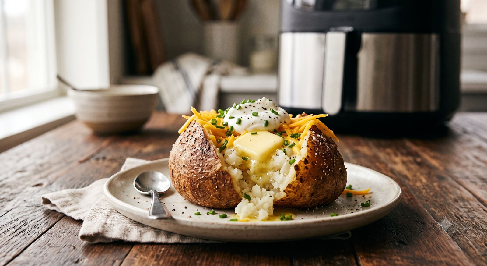Split-open air fryer baked potato with fluffy white interior topped with butter, sour cream, and chives on a rustic wooden table