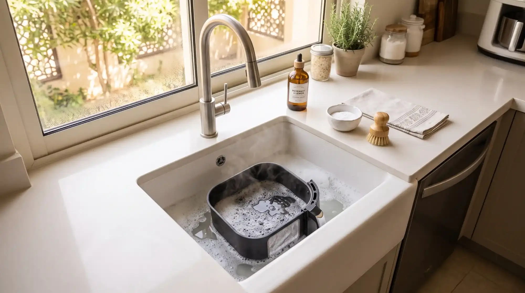 An air fryer basket soaking in warm soapy water in a kitchen sink with baking soda and a soft brush nearby