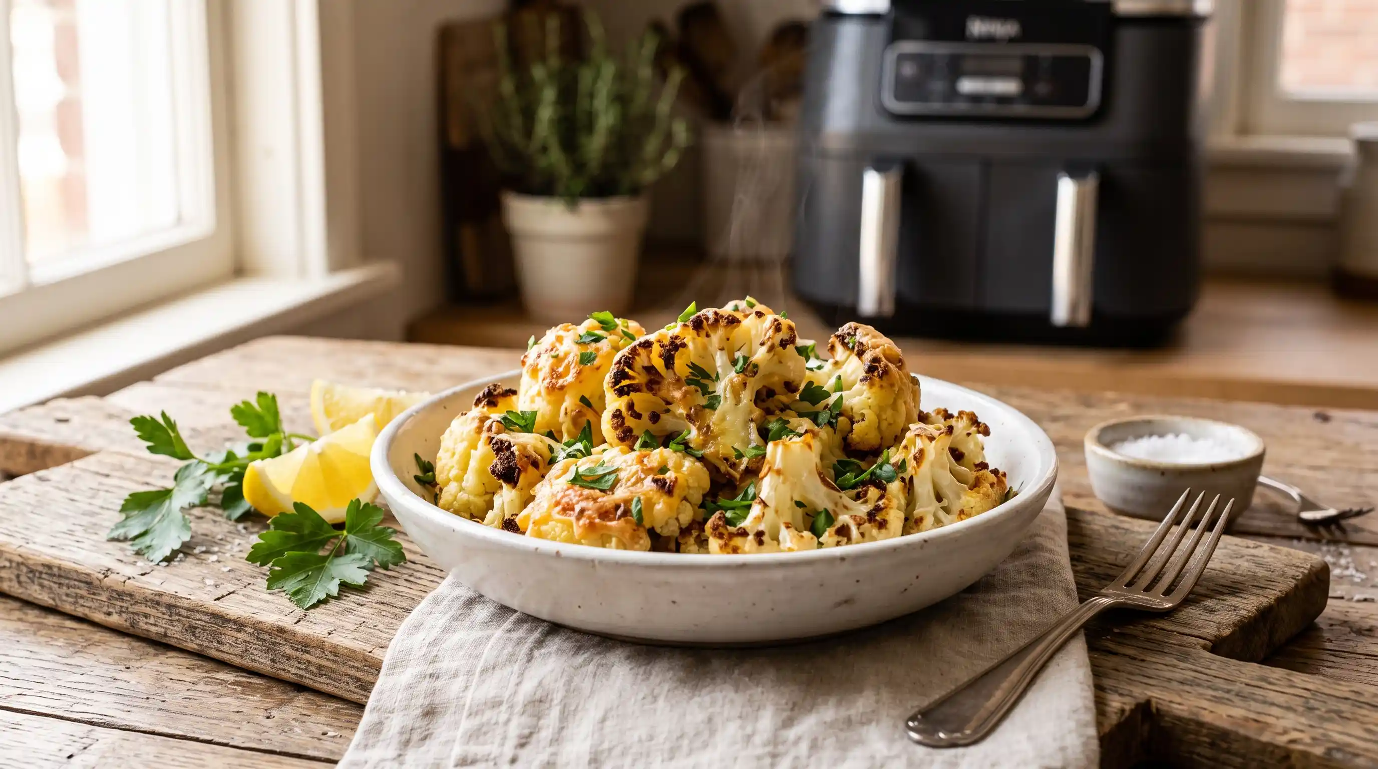 Crispy roasted garlic parmesan cauliflower florets in a white bowl with lemon wedges on a rustic wooden table