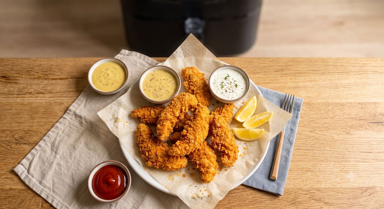 Crispy golden air fryer chicken tenders on a parchment-lined plate with dipping sauces and lemon wedges