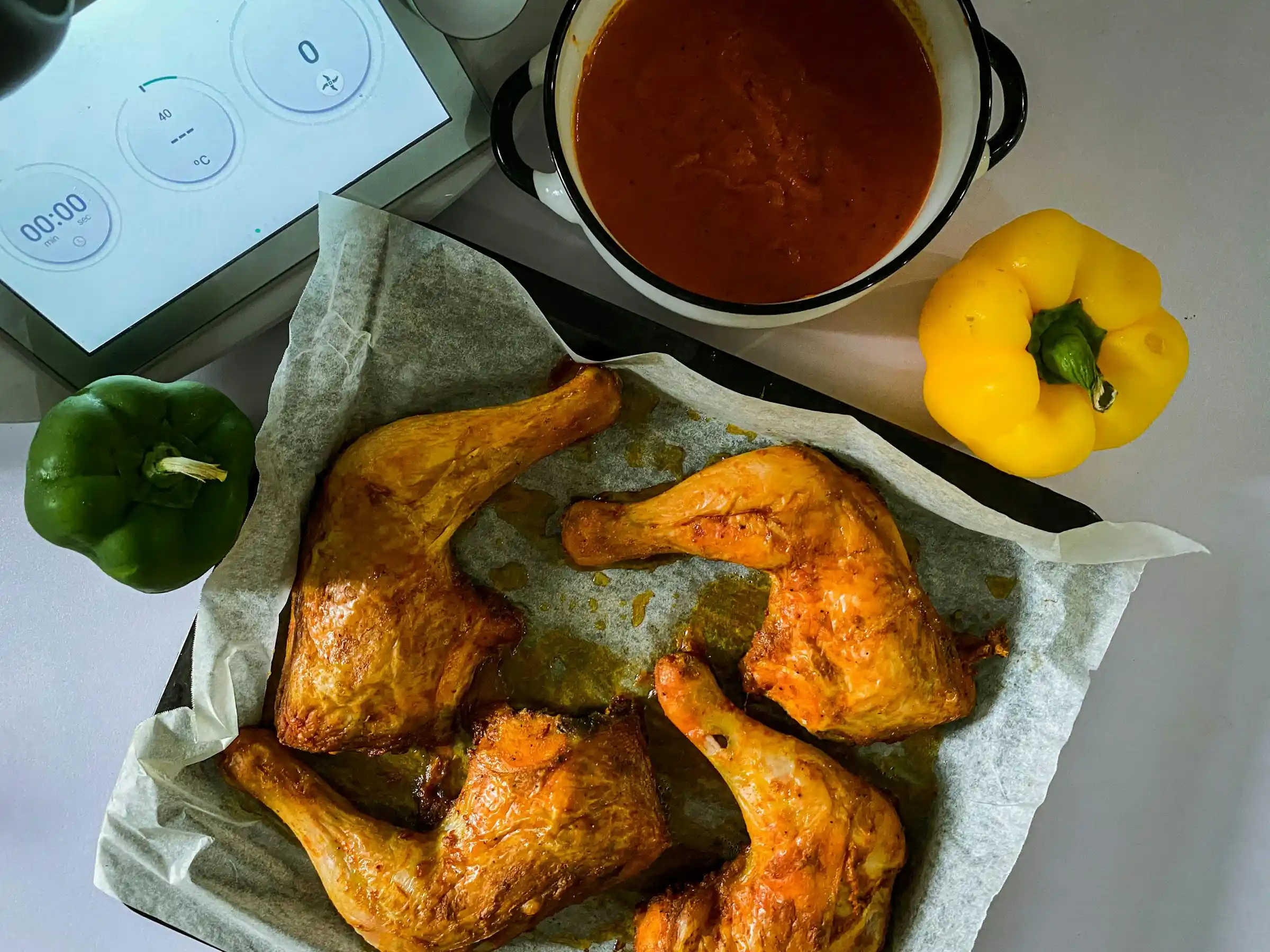 Crispy golden air fryer chicken thighs on a white ceramic plate with lemon wedges and fresh herbs on a rustic wooden table