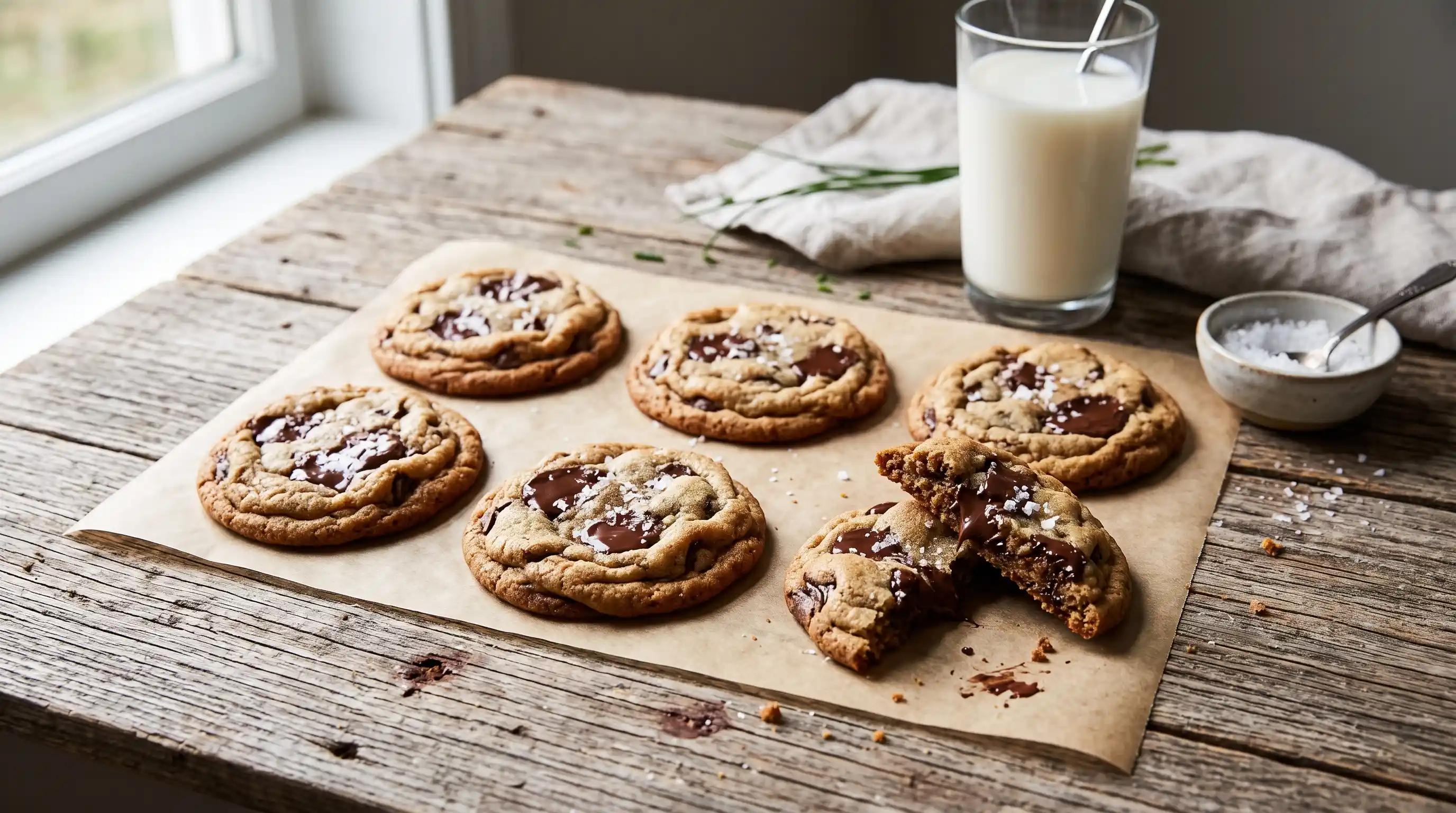 Freshly baked air fryer chocolate chip cookies with melted chocolate pools on parchment paper on a rustic wooden table