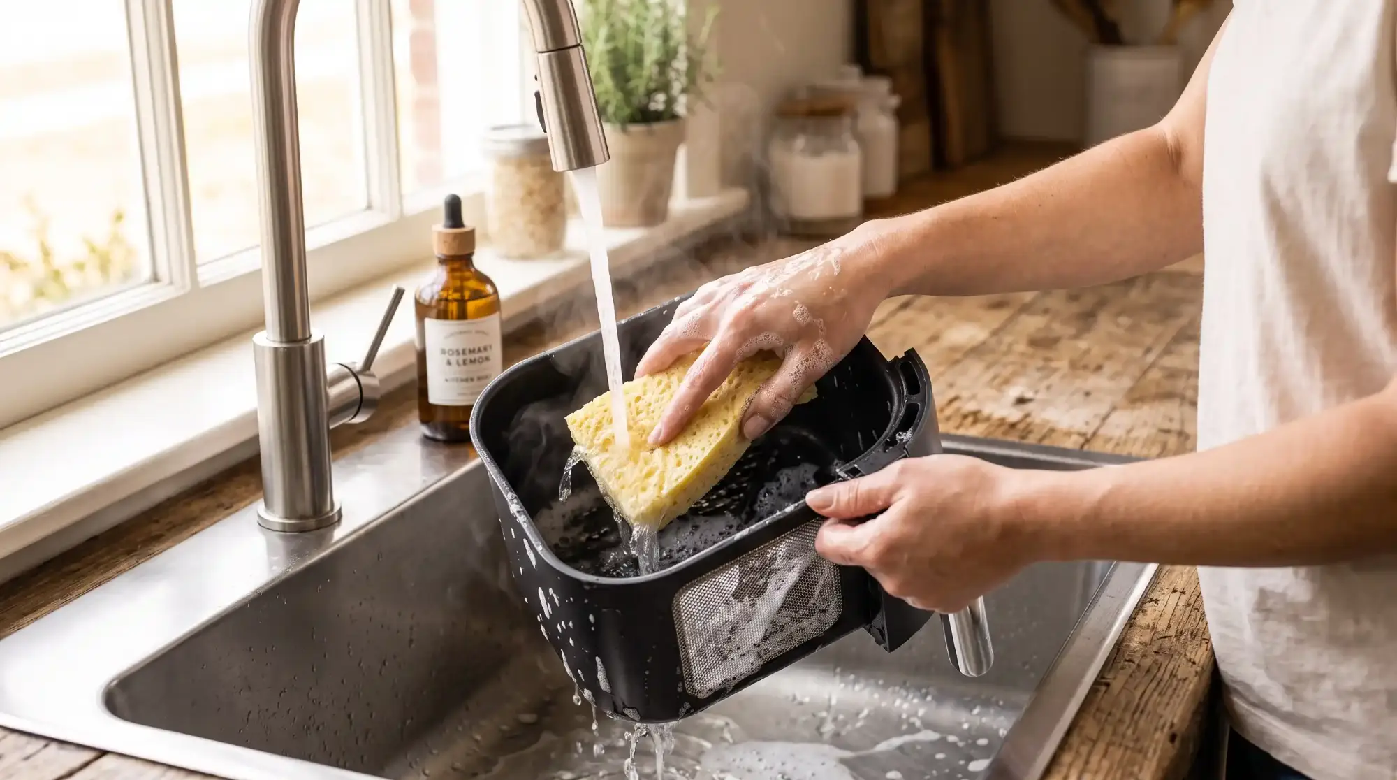 A person wiping an air fryer basket with a soft sponge and warm soapy water at a kitchen sink