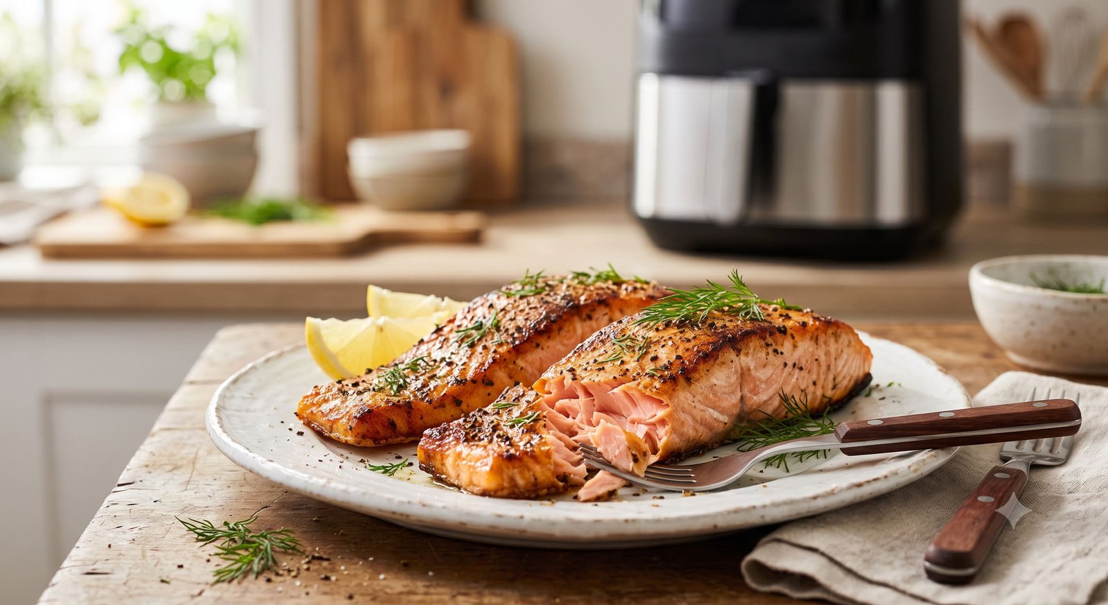 Air fryer salmon fillets on a white plate with crispy golden skin, garnished with lemon wedges and fresh dill