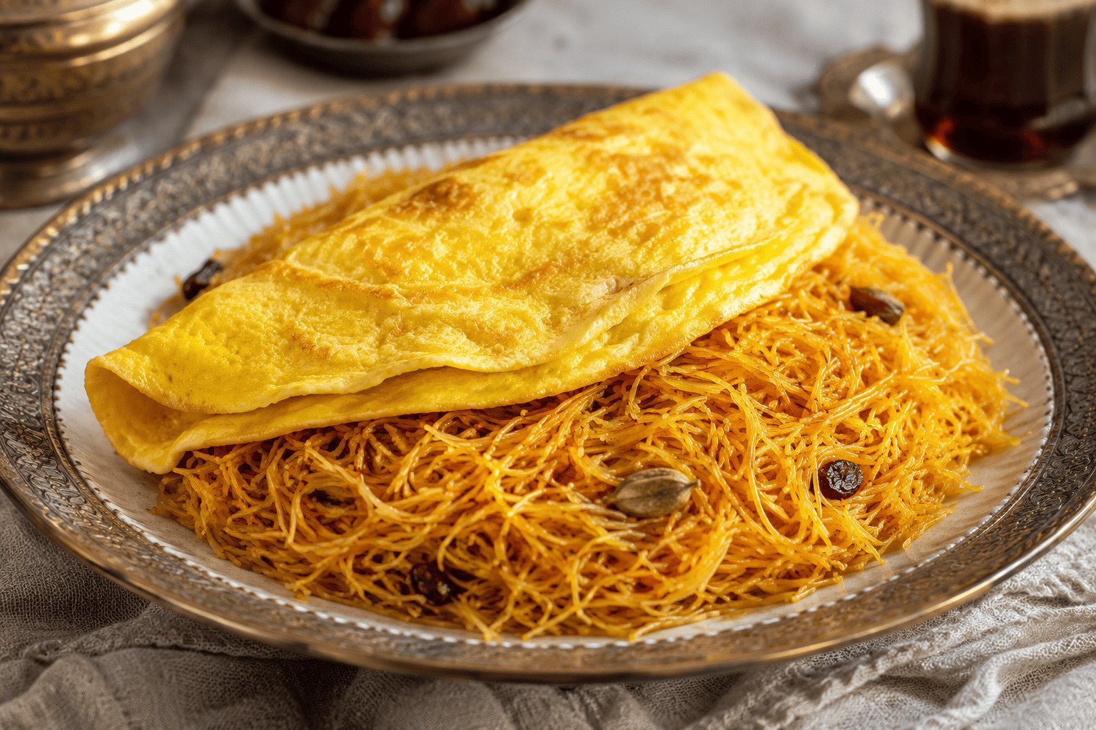 Sweet vermicelli noodles flavored with cardamom and saffron topped with a thin omelet on a brass-accented plate