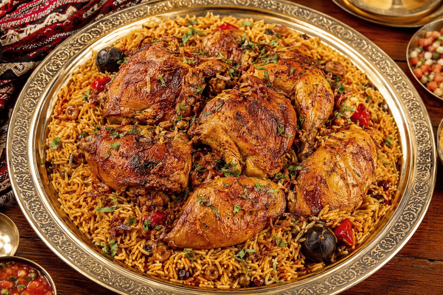 A grand platter of traditional Chicken Machboos with golden spiced rice topped with roasted chicken and crispy fried onions