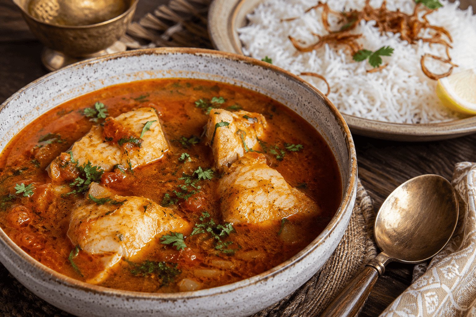 A bowl of traditional Gulf fish stew with rich tomato broth, spices, and fresh fish
