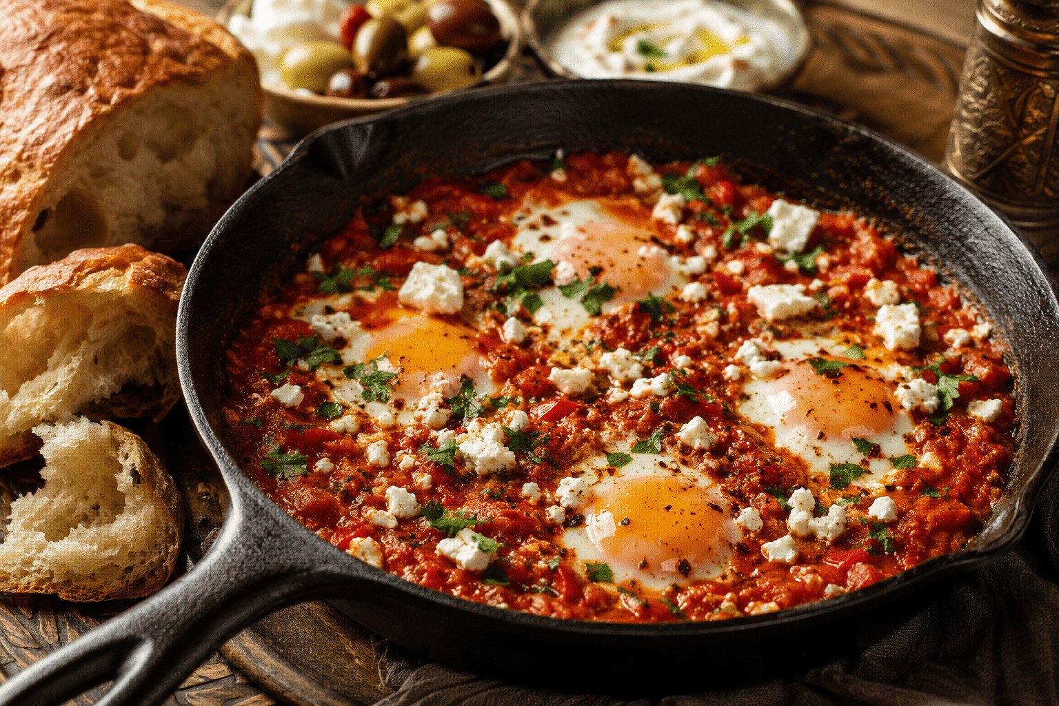 A rustic cast iron skillet of shakshuka with eggs poached in rich tomato sauce