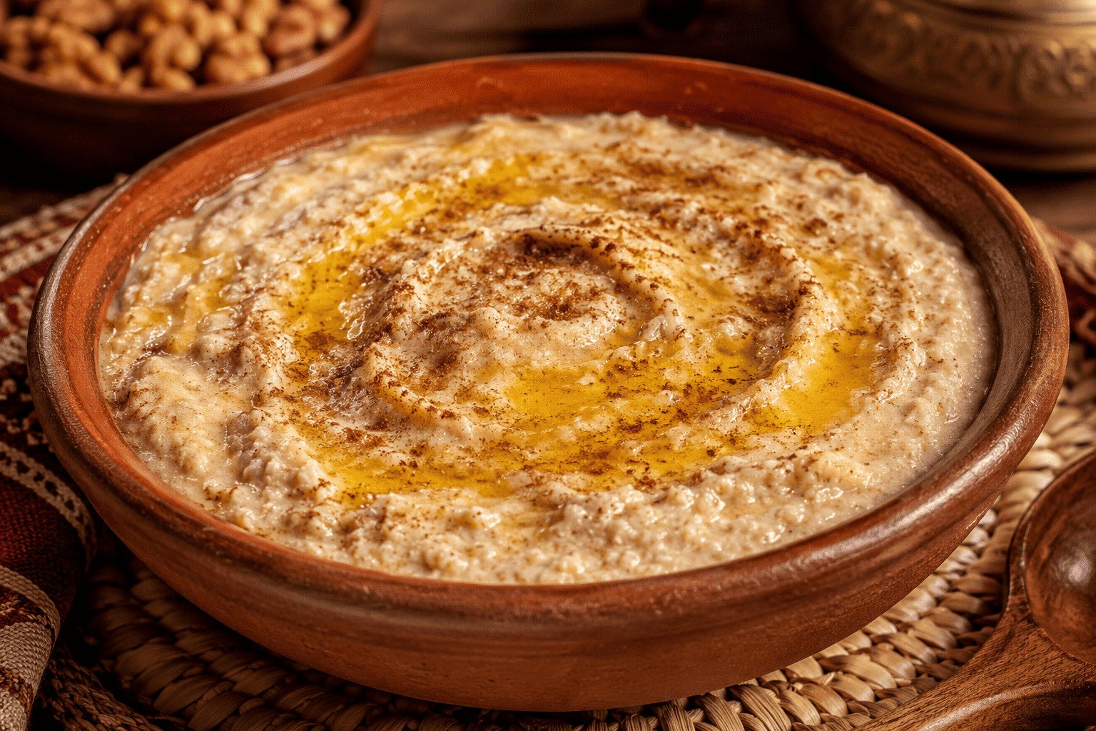 Creamy Emirati Harees porridge swirled with ghee in an earthen bowl