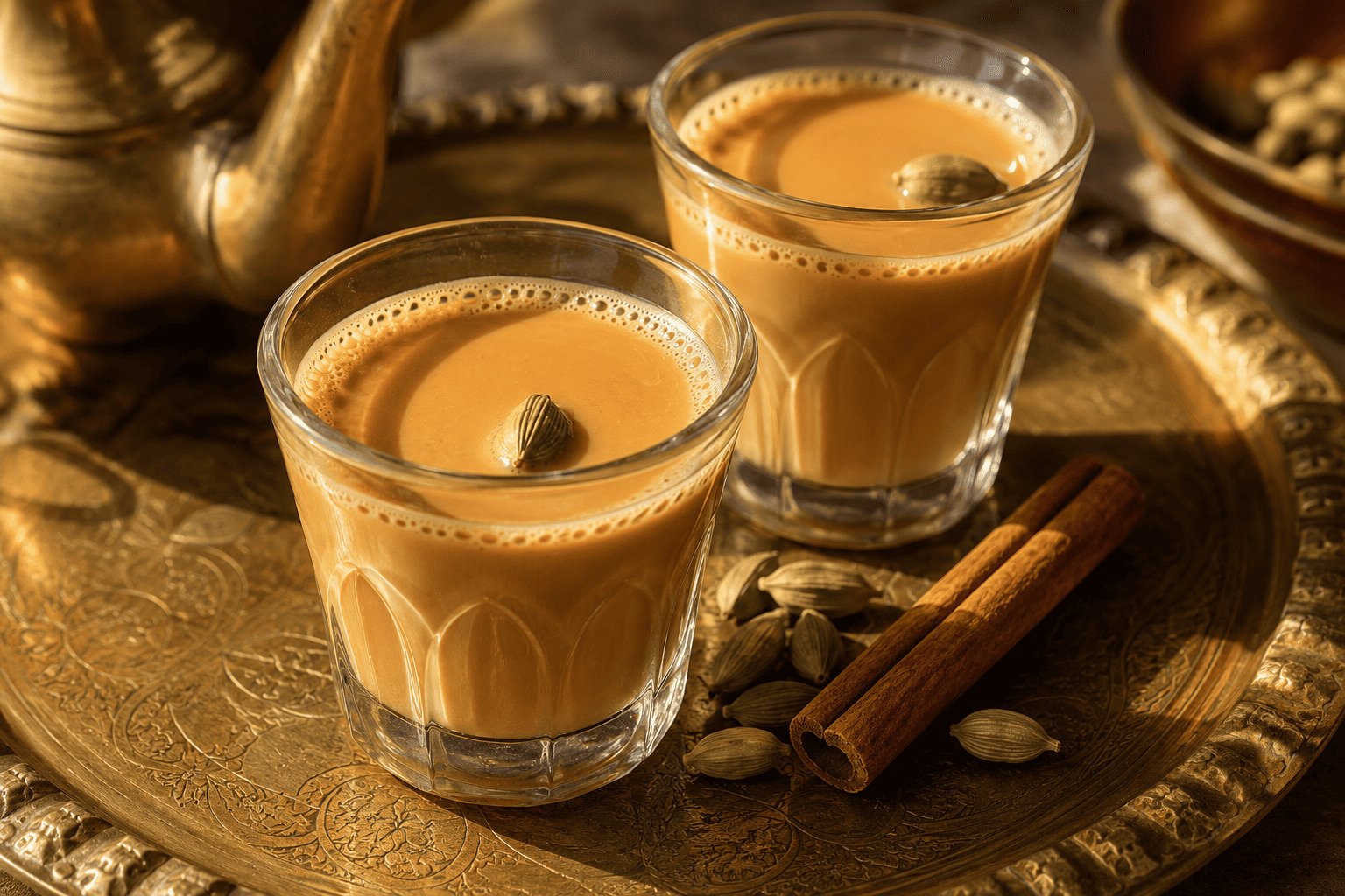 Two small glasses of rich golden karak chai with cardamom pods alongside