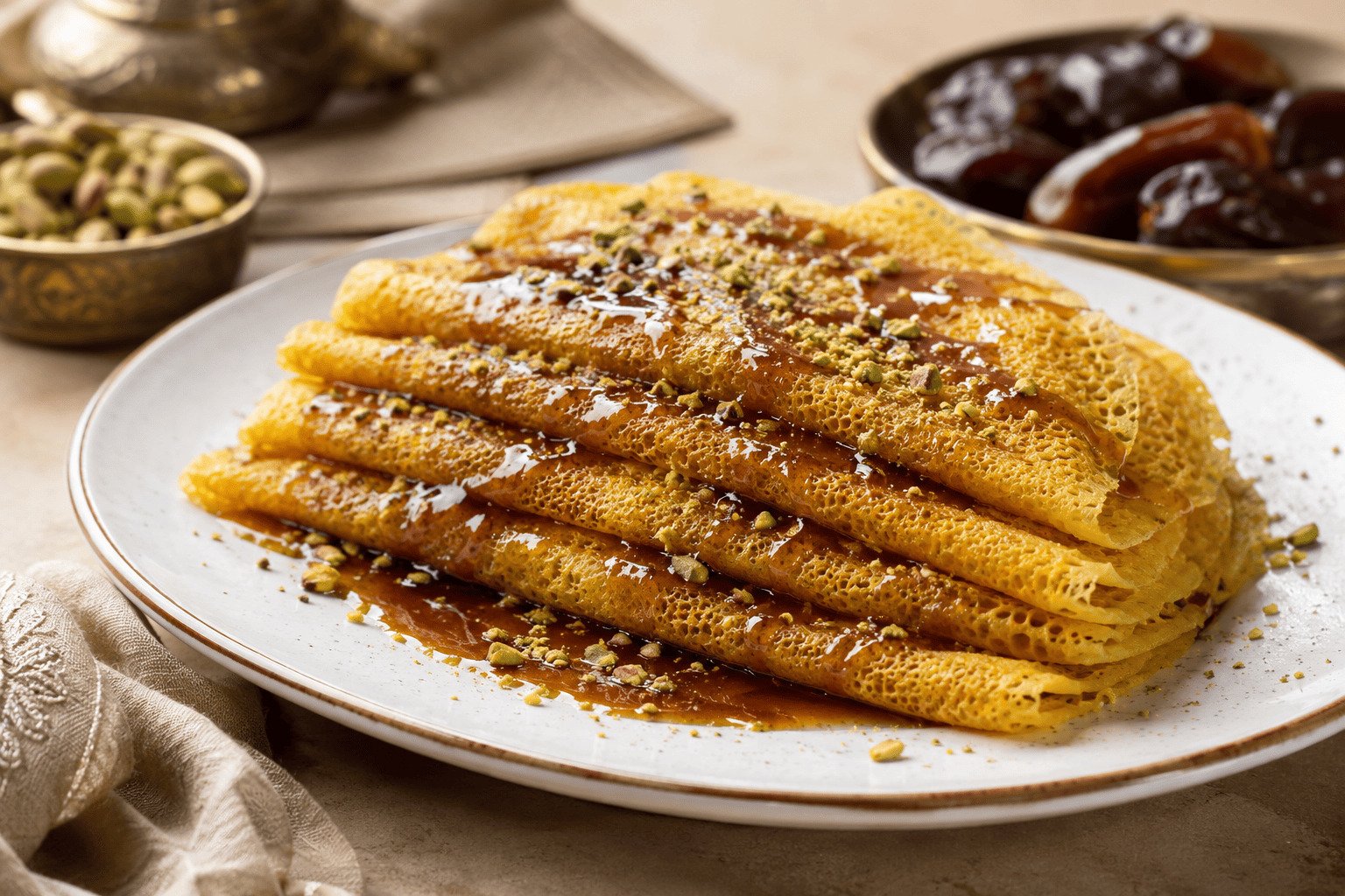 Saffron-infused crepes stacked on a white plate drizzled with date syrup and crushed pistachios
