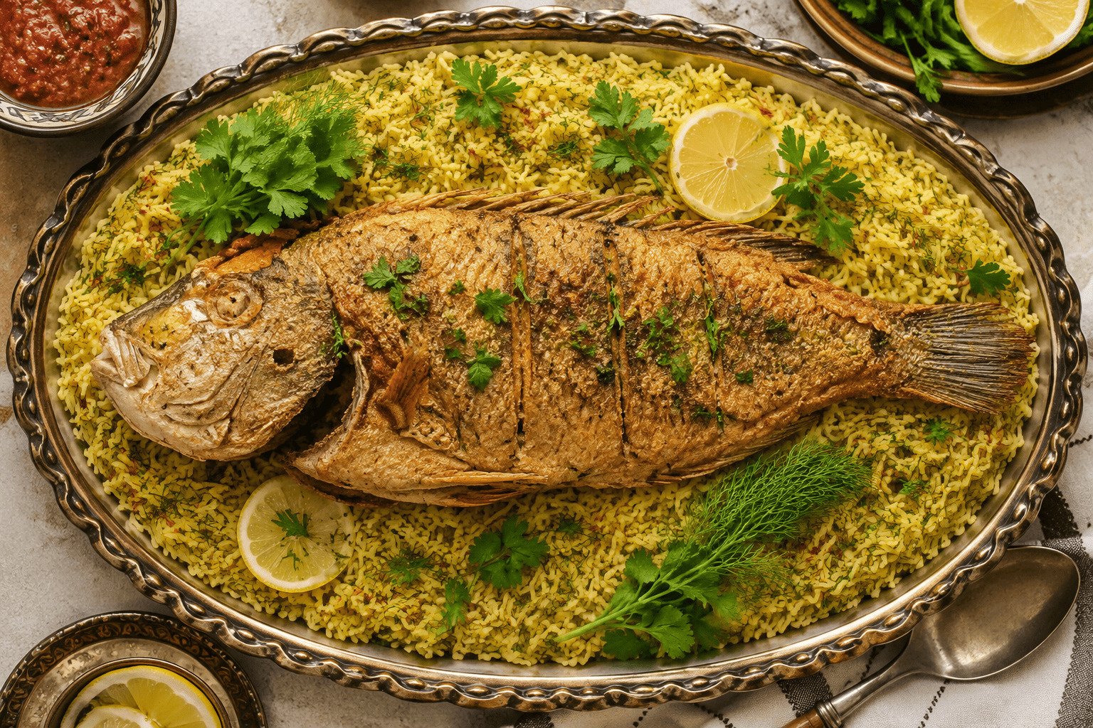 Kuwaiti Mutabbaq Samak — whole fried fish atop dill-flecked spiced yellow rice