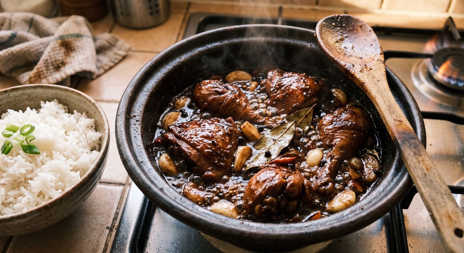 A simmering pot of Filipino chicken adobo in dark soy-vinegar sauce with garlic, bay leaves, and peppercorns