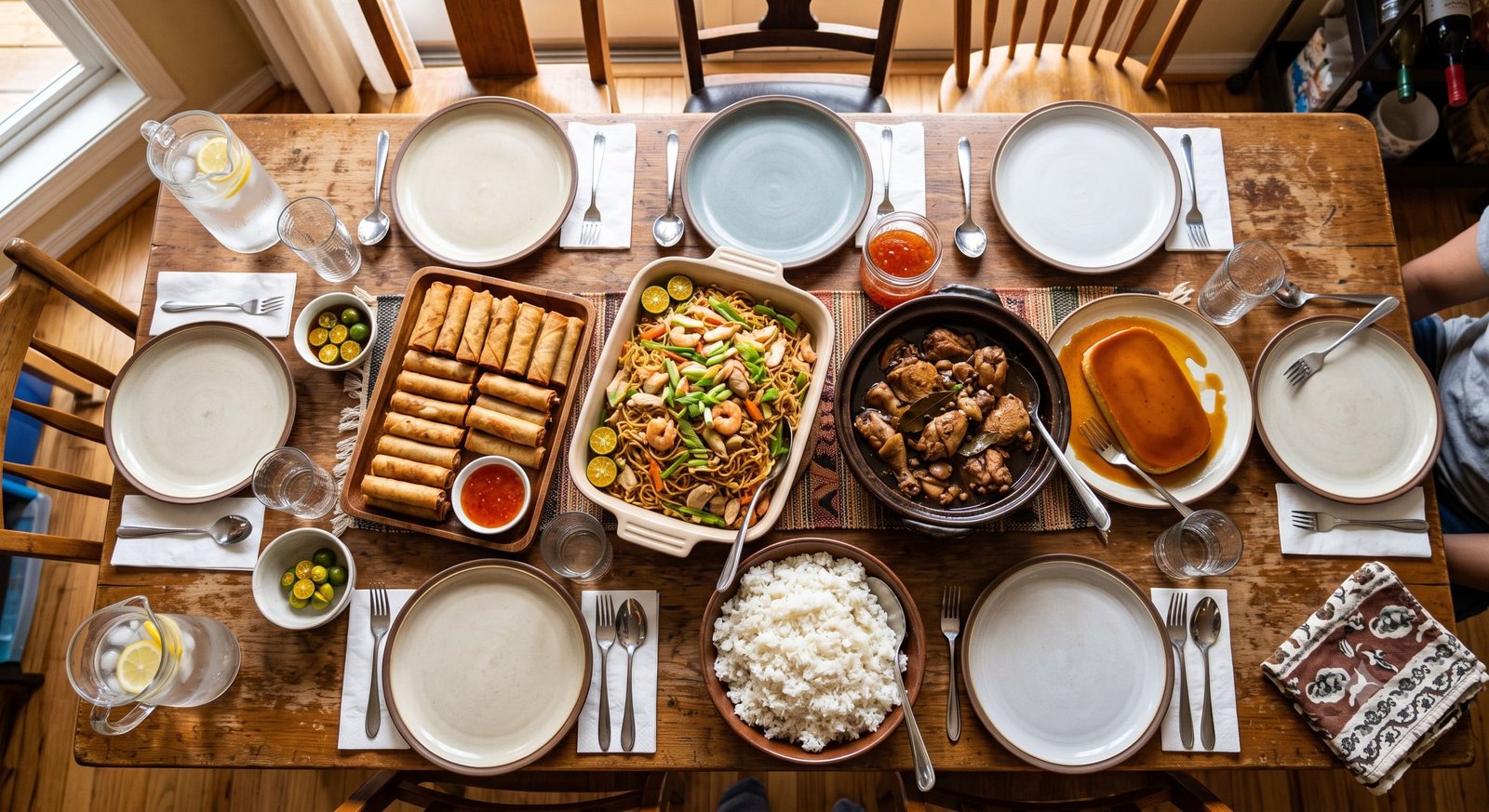 A Filipino Sunday potluck spread with pancit, lumpia, chicken adobo, steamed rice, and leche flan