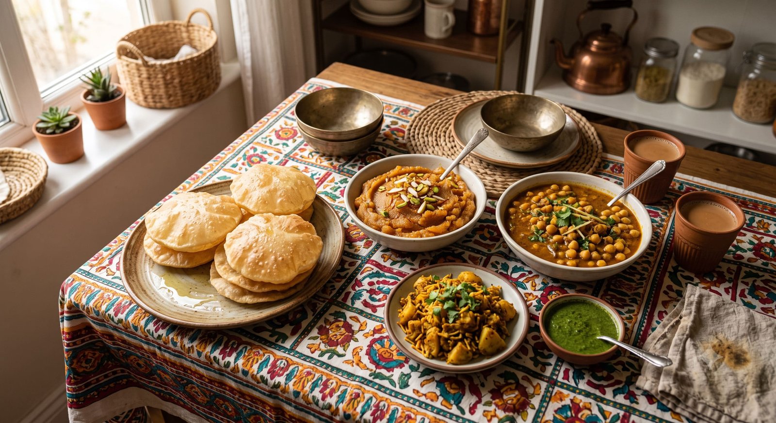 Overhead view of a complete Pakistani halwa puri breakfast spread with golden puris, sooji halwa, chickpea curry, and spiced potatoes