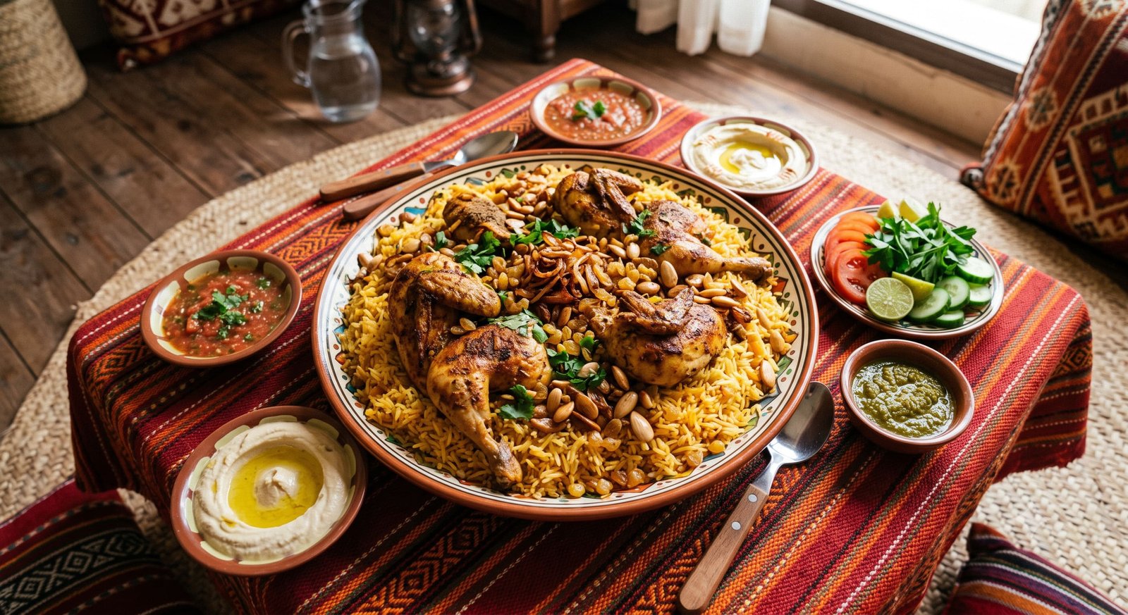 A communal platter of chicken machboos with golden saffron rice, fried onions, and toasted almonds on a traditional dining cloth