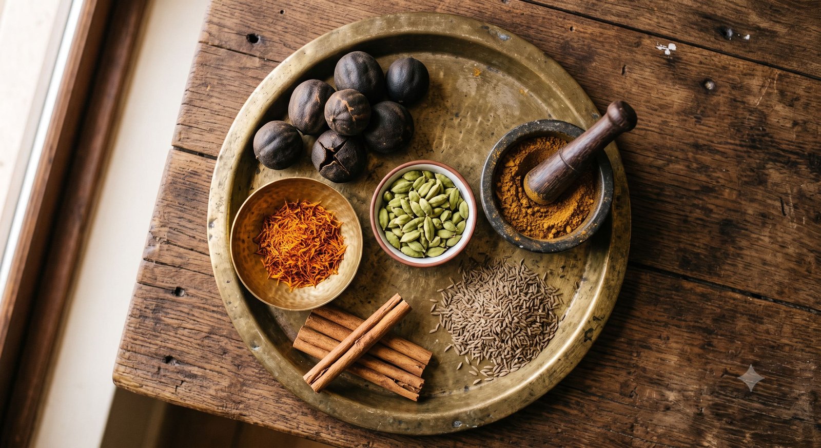 Traditional Gulf spices including dried black limes, saffron threads, green cardamom pods, and bezar blend arranged on a brass tray